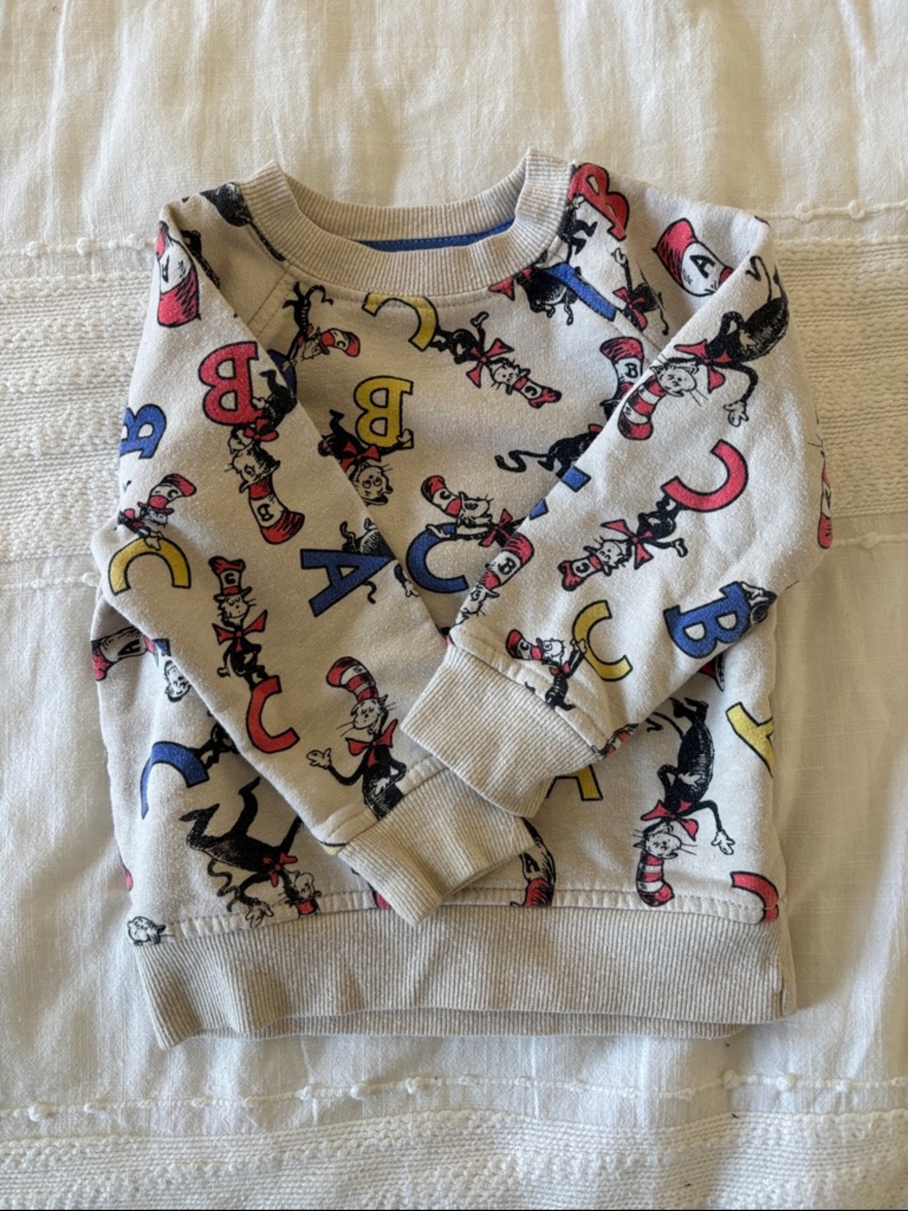 Dr. Seuss Cream Pullover Sweatshirt with Red Blue and Yellow Alphabet Print